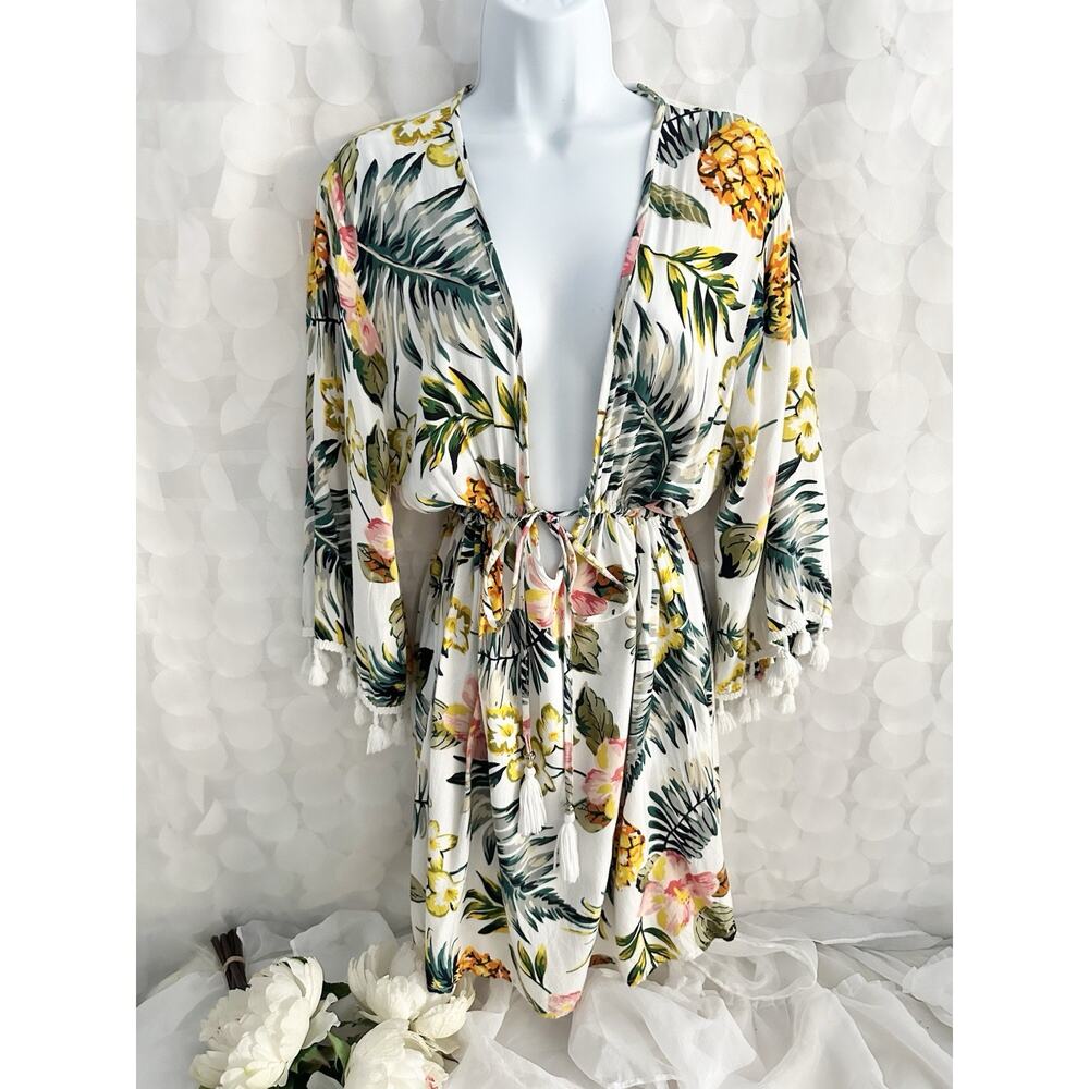 BLUE ISLAND White Tropical Print PINEAPPLES Hibiscus Beach Cover-Up Dress Sz L